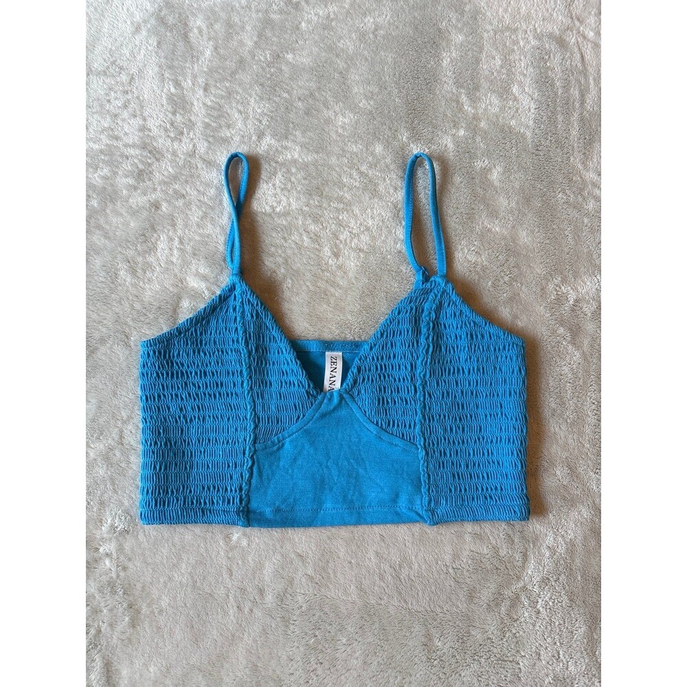 Crop top bralette vneck light blue adjustable spaghetti strap shirring layering